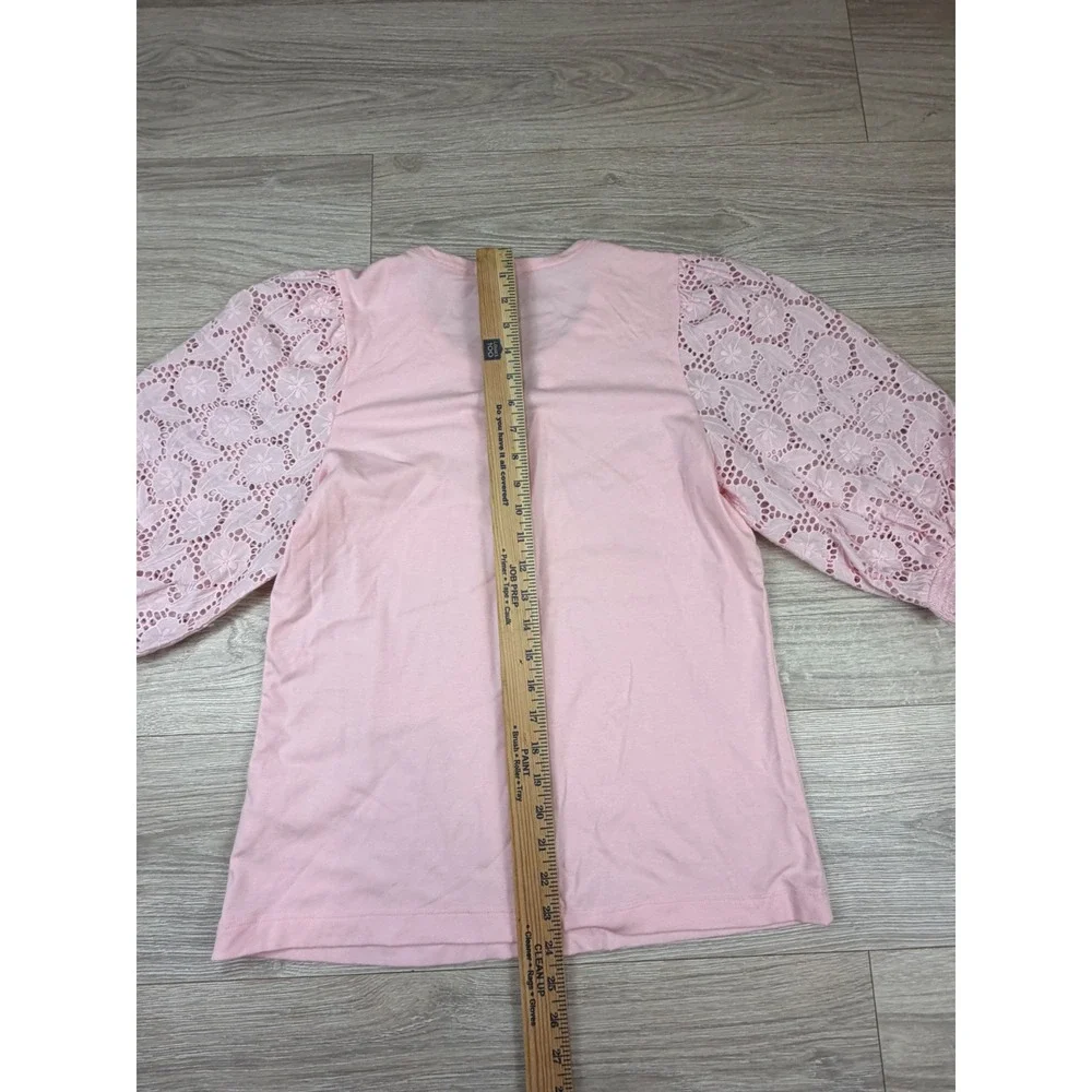 Lilly Pulitzer Etta V-Neck Top Pink Eyelet Lace Puff Sleeve Knit Shirt Large